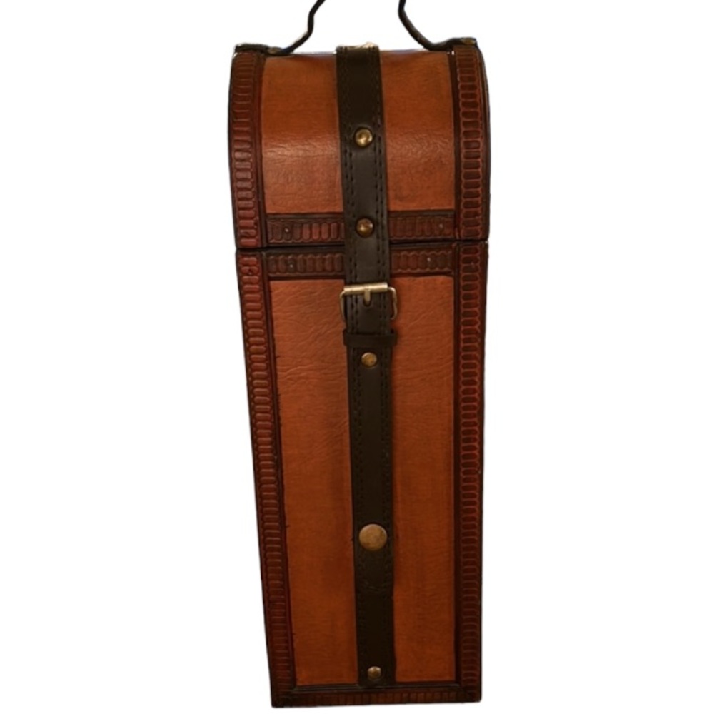 NWOT ARCHAISTIC WOODEN WINE BOX LEATHER HANDLE & STRAPS